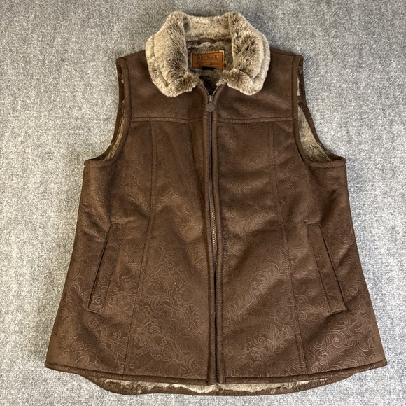 Outback Trading Company Jackets & Blazers - Outback Trading Co. Tooled Vest Women's Large Brown Full Zip Faux Fur Western